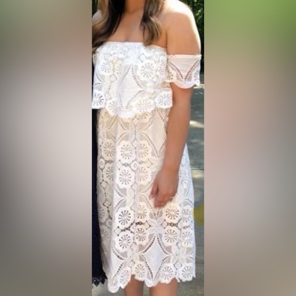 White eyelet lace off shoulder midi dress